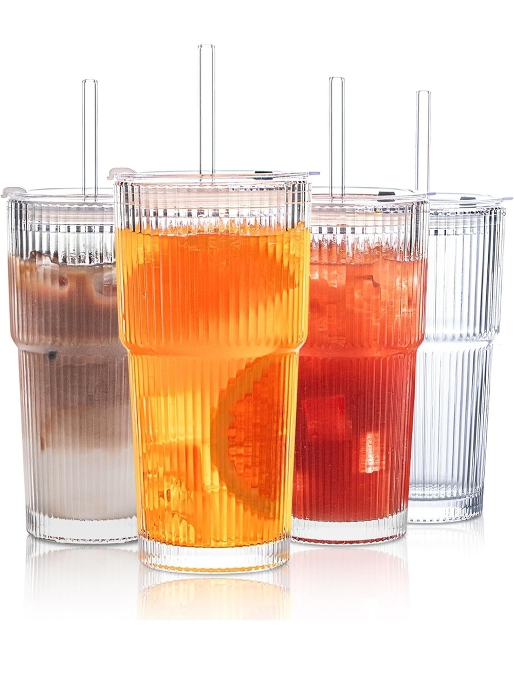 Clear Ribbed Reusable Tumbler with Straw - Set of 4 - Clear